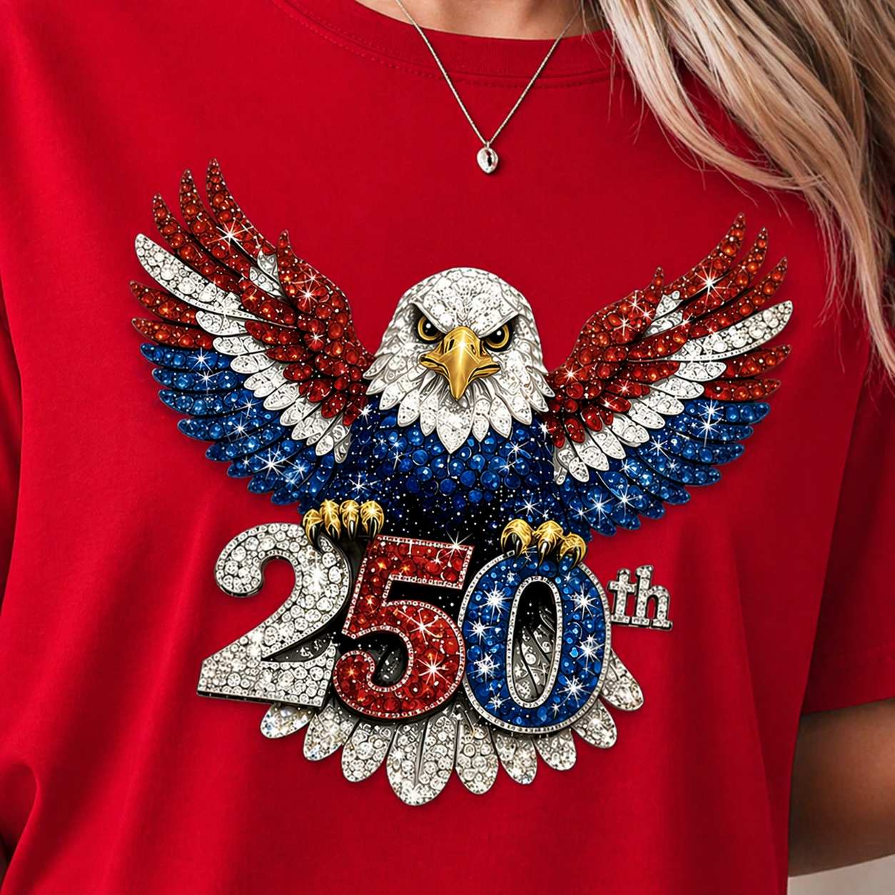 Red shirt with a decorative eagle and '250th' design on a person.