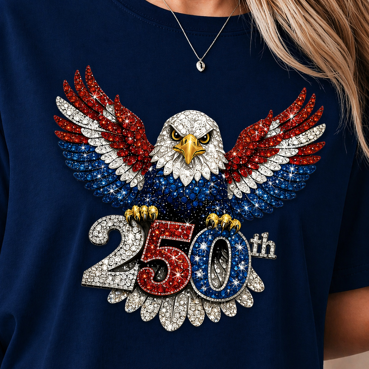 Navy blue shirt with a decorative eagle and '250th' design on a person.