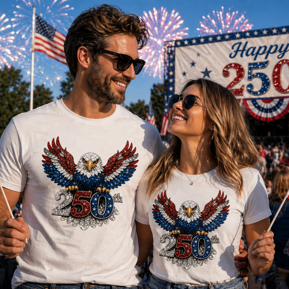 Couple wearing t-shirts with eagle designs and 'Happy 250th' text at a celebration with fireworks and flags.
