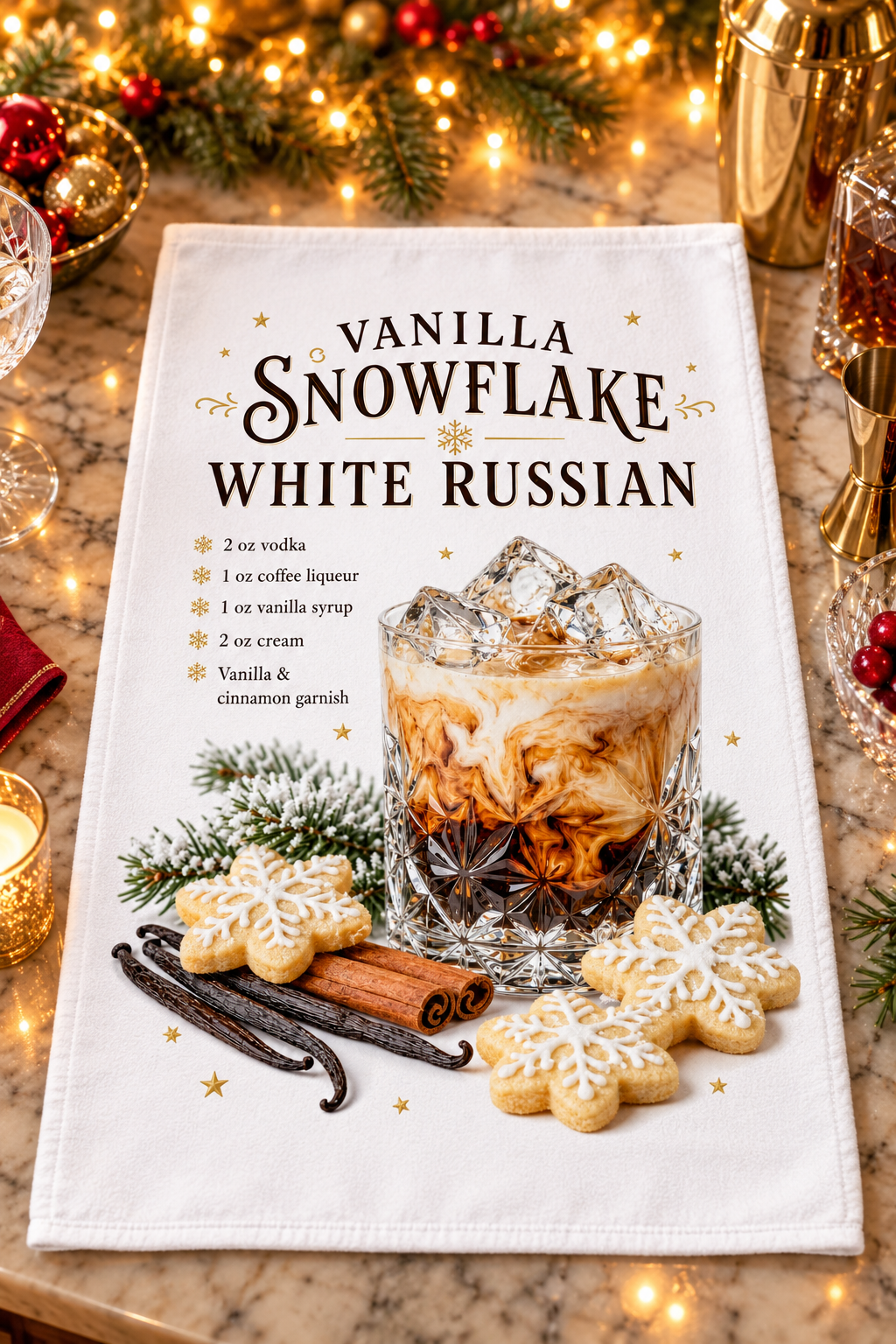 A white kitchen towel printed with a festive holiday recipe for 'Vanilla Snowflake White Russian' and a graphic design of a cocktail glass, surrounded by cookies, cinnamon sticks, vanilla beans, and pine branches on a marble surface with warm holiday lights.