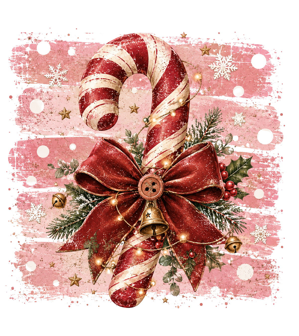 A festive Christmas illustration featuring two striped candy canes tied with a large red bow, decorated with green holly leaves, small gold bells, pinecones, and warm string lights, set against a pink splattered wood-textured background with white snowflakes and stars.