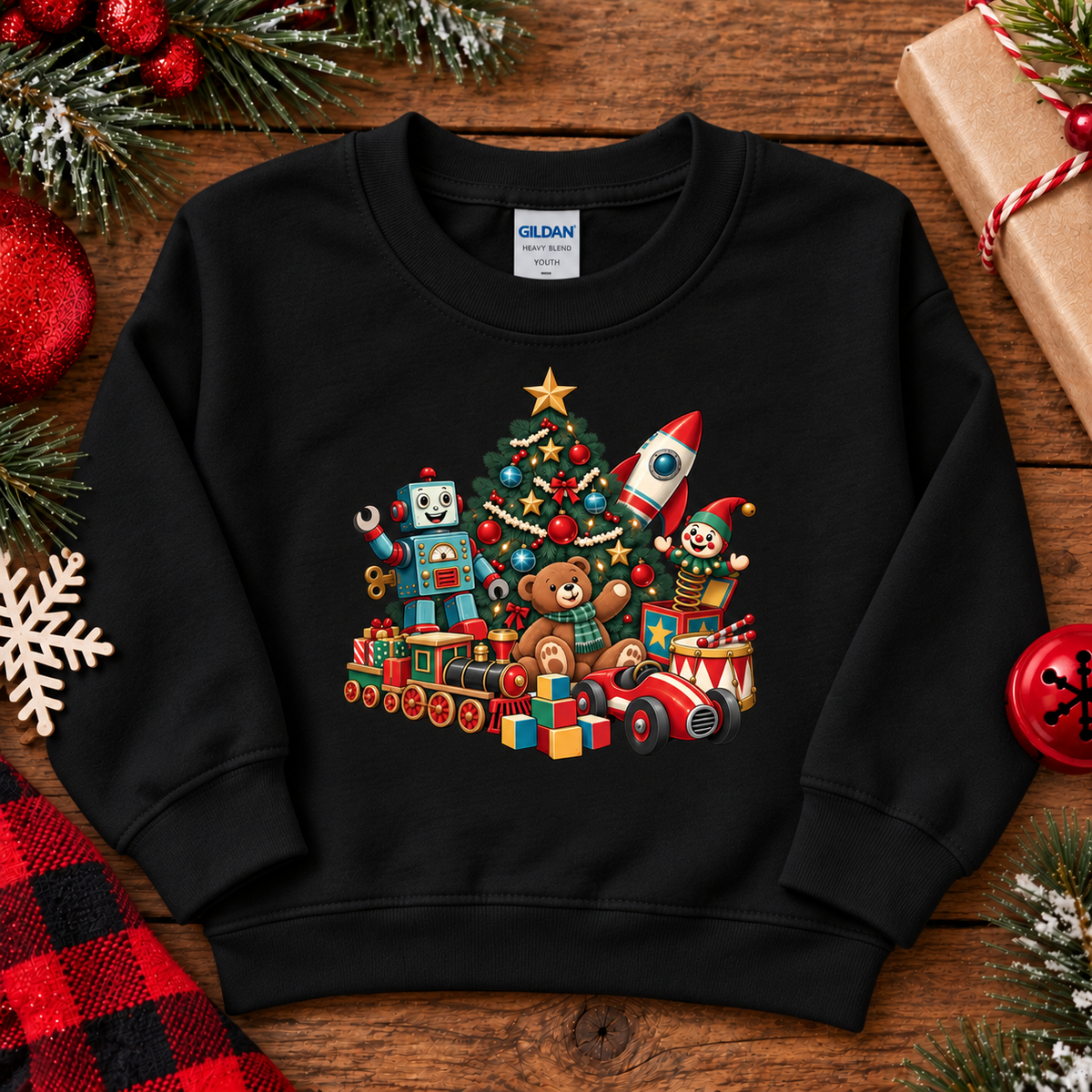 A black crewneck sweatshirt featuring a colorful graphic of a Christmas tree with toy vehicles and presents, laid flat on a rustic wooden background with holiday decorations.