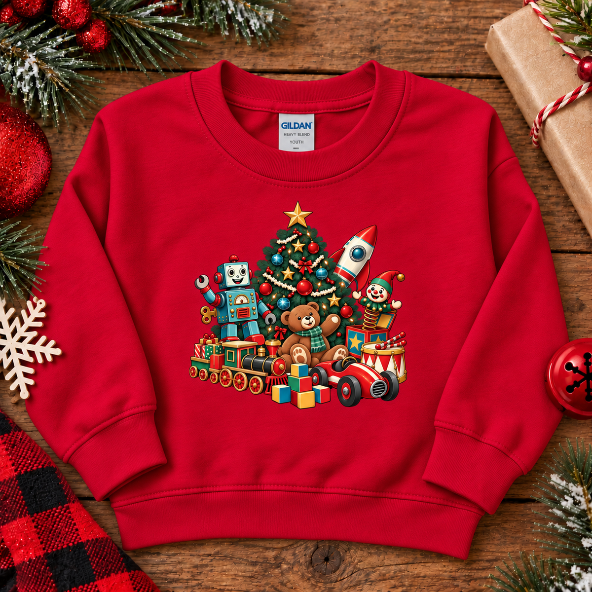 A red crewneck sweatshirt featuring a colorful graphic of toys around a Christmas tree, styled in a flat lay on a rustic wooden background with holiday decorations.