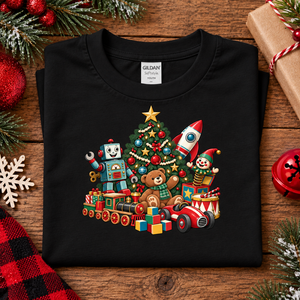 A folded black Gildan t-shirt with a colorful Christmas toy graphic, displayed on a rustic wooden table surrounded by holiday decorations like pine branches, a red ornament, and wrapped gifts.