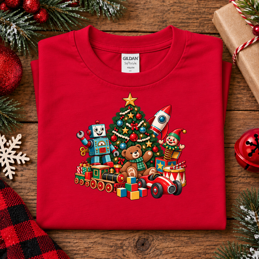A folded red Gildan Supreme crewneck t-shirt is displayed on a rustic wooden table surrounded by Christmas decorations. The shirt features a colorful graphic of a toy train carrying a Christmas tree, gifts, a teddy bear, and holiday characters.
