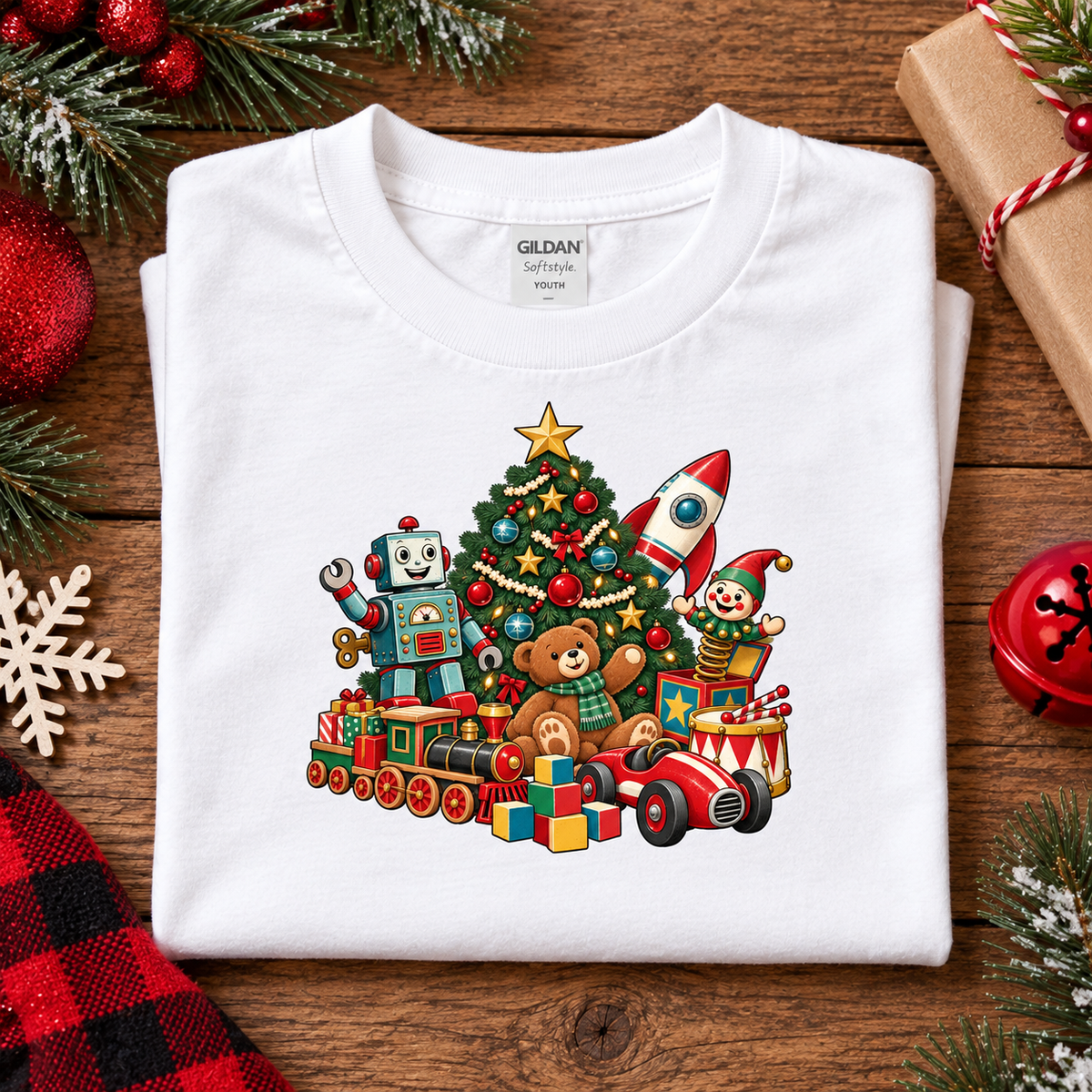 A folded white Gildan Softstyle T-shirt is displayed on a rustic wooden surface, decorated with Christmas-themed props.  The front of the shirt features a colorful graphic of a Christmas tree with toys, including a robot, a teddy bear, a rocket, and a toy car.
