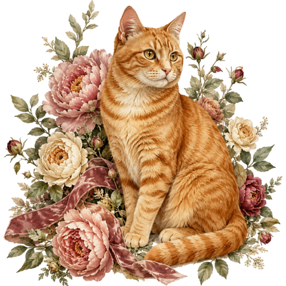 An orange tabby cat sits centered among large pink and cream peonies with green leaves and a mauve ribbon, on a plain white background.