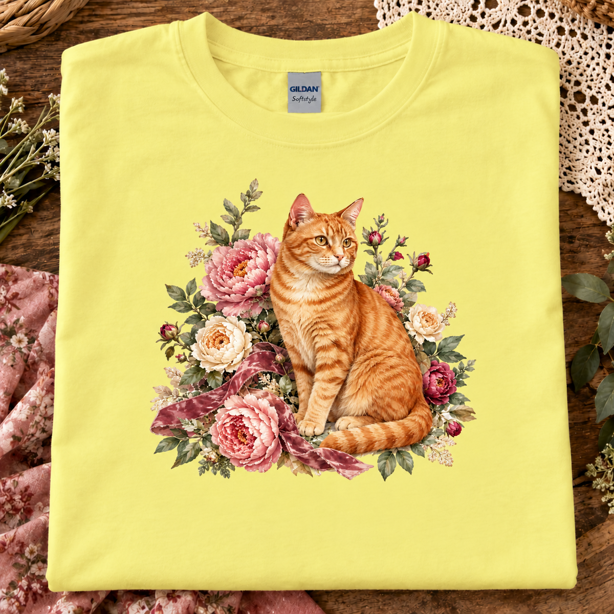 A folded cornsilk yellow Gildan t-shirt with a large graphic print of an orange tabby cat surrounded by pink and red roses, displayed on a rustic wooden surface with decorative lace and flowers.