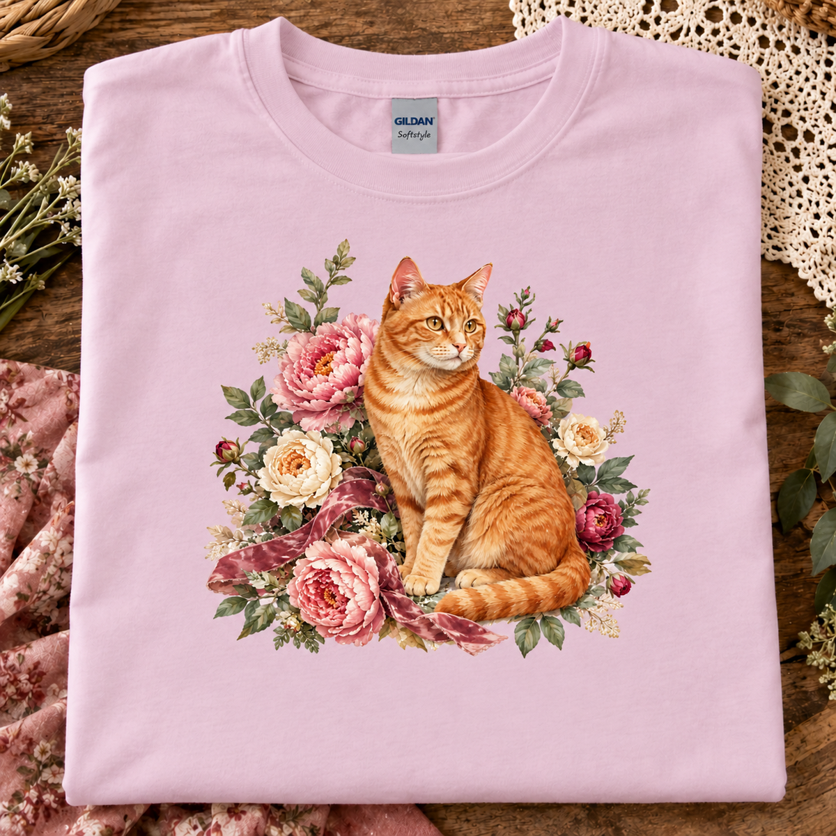 A folded light pink Gildan t-shirt with a graphic print of an orange tabby cat surrounded by pink and cream roses, displayed on a rustic wooden surface with decorative lace and fabric.