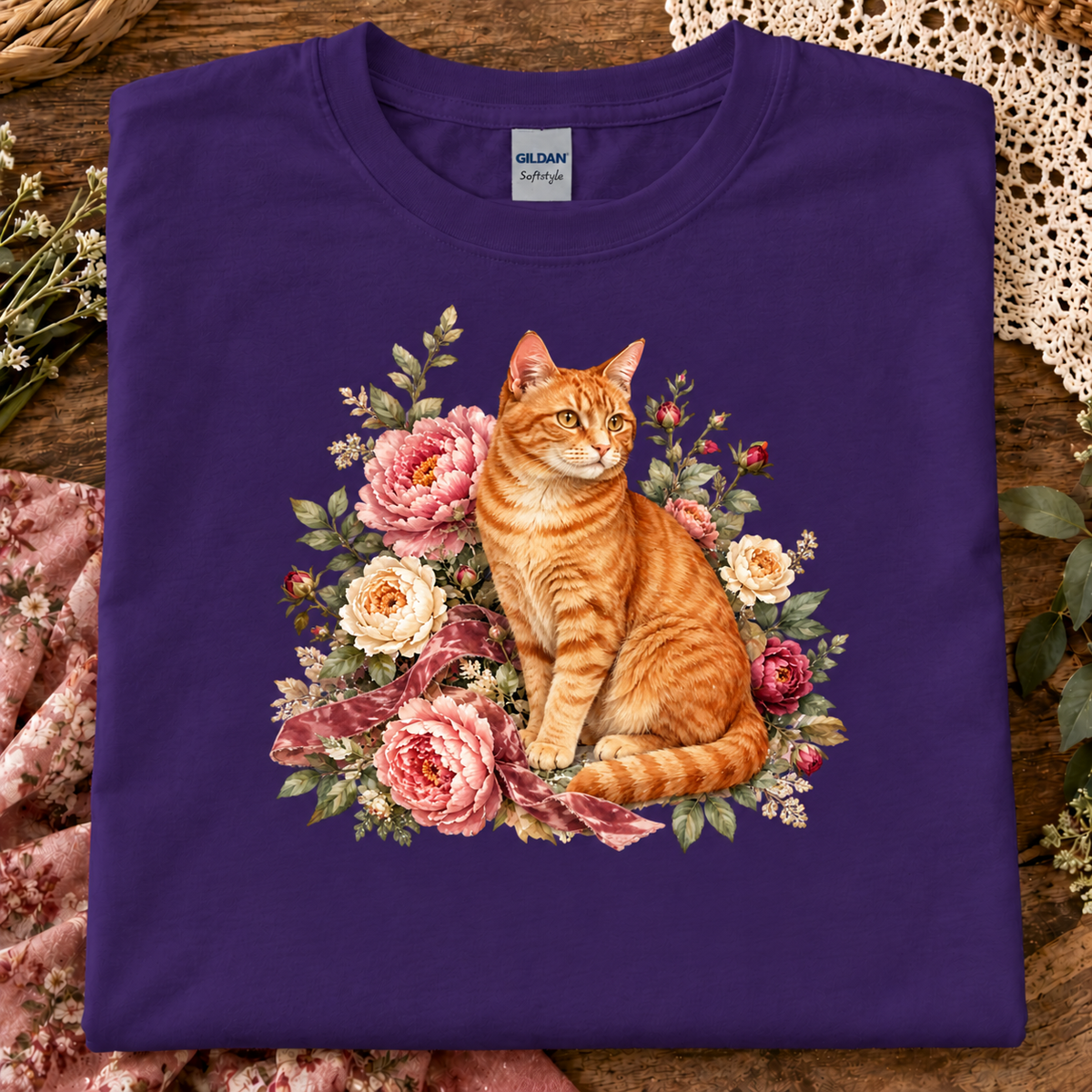 A folded purple Gildan t-shirt featuring a detailed graphic of an orange tabby cat surrounded by pink and cream roses, displayed on a rustic wooden surface with lace and floral props.