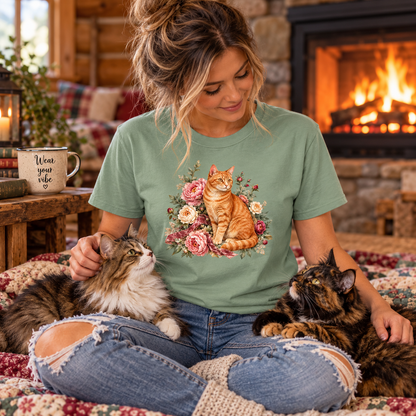 A woman sits cross-legged in a cozy living room wearing a sage green graphic t-shirt with a watercolor illustration of an orange tabby cat surrounded by pink and white flowers. She is holding two cats, one fluffy white and brown and the other a tortoiseshell cat.