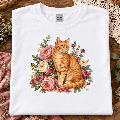 A folded white Gildan Softstyle T-shirt with a detailed graphic of an orange tabby cat surrounded by pink and cream roses, displayed on a rustic wooden surface with decorative lace and fabric.