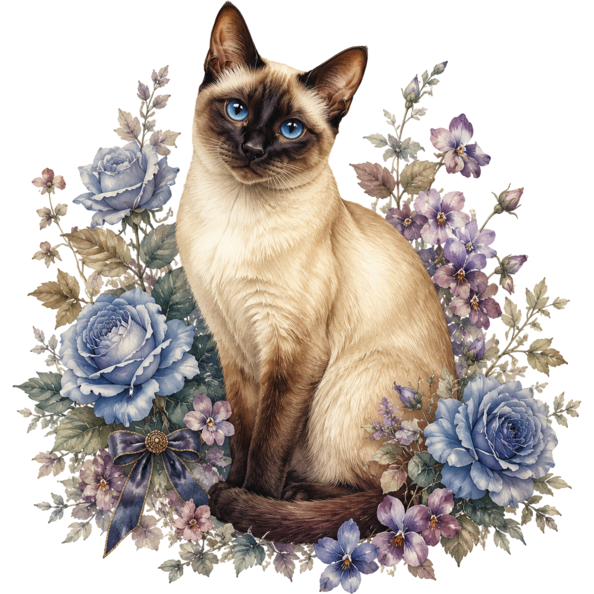 A seated Siamese cat with cream fur, dark brown points, and bright blue eyes, surrounded by blue flowers, purple blossoms, and green leaves on a plain white background.