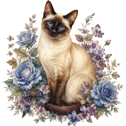 A seated Siamese cat with cream fur, dark brown points, and bright blue eyes, surrounded by blue flowers, purple blossoms, and green leaves on a plain white background.