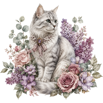 Vintage Silver Tabby Cat and Lilac Dreams Graphic T-Shirt