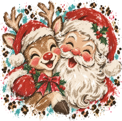 A festive Christmas illustration featuring Santa Claus and a smiling reindeer hugging. Santa wears a red hat with white fur trim and a full white beard, while the reindeer wears a Santa hat, red bow, and holly.