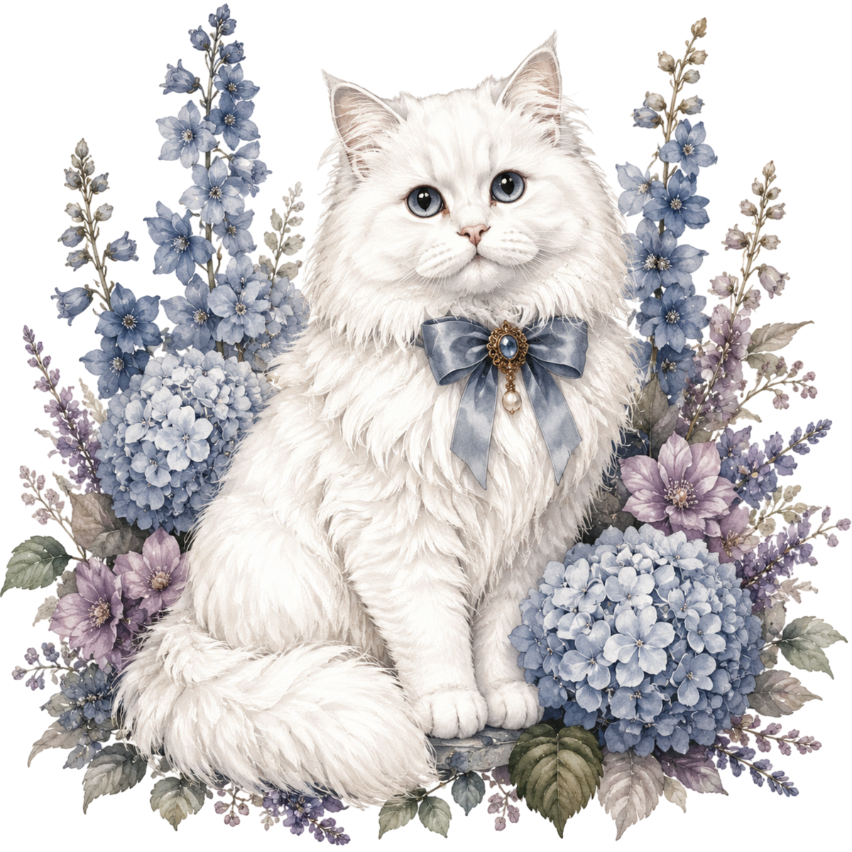 Vintage White Fluffy Cat and Blue Hydrangea Dreams Graphic T-Shirt