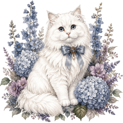 Vintage White Fluffy Cat and Blue Hydrangea Dreams Graphic T-Shirt