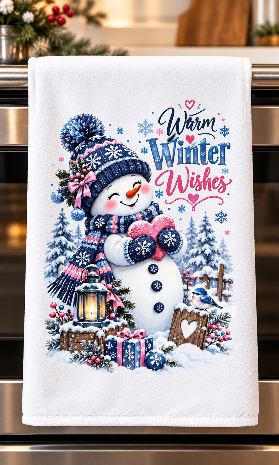A white kitchen towel hanging on a stainless steel oven handle, featuring a colorful winter graphic design of a snowman wearing a navy blue beanie and scarf, surrounded by snow trees, a lantern, wrapped gifts, and the text 'Warm Winter Wishes