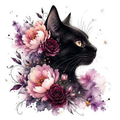 A stylized black cat in profile surrounded by pink, mauve, and burgundy watercolor flowers with purple leaves and small gold star accents on a white background.