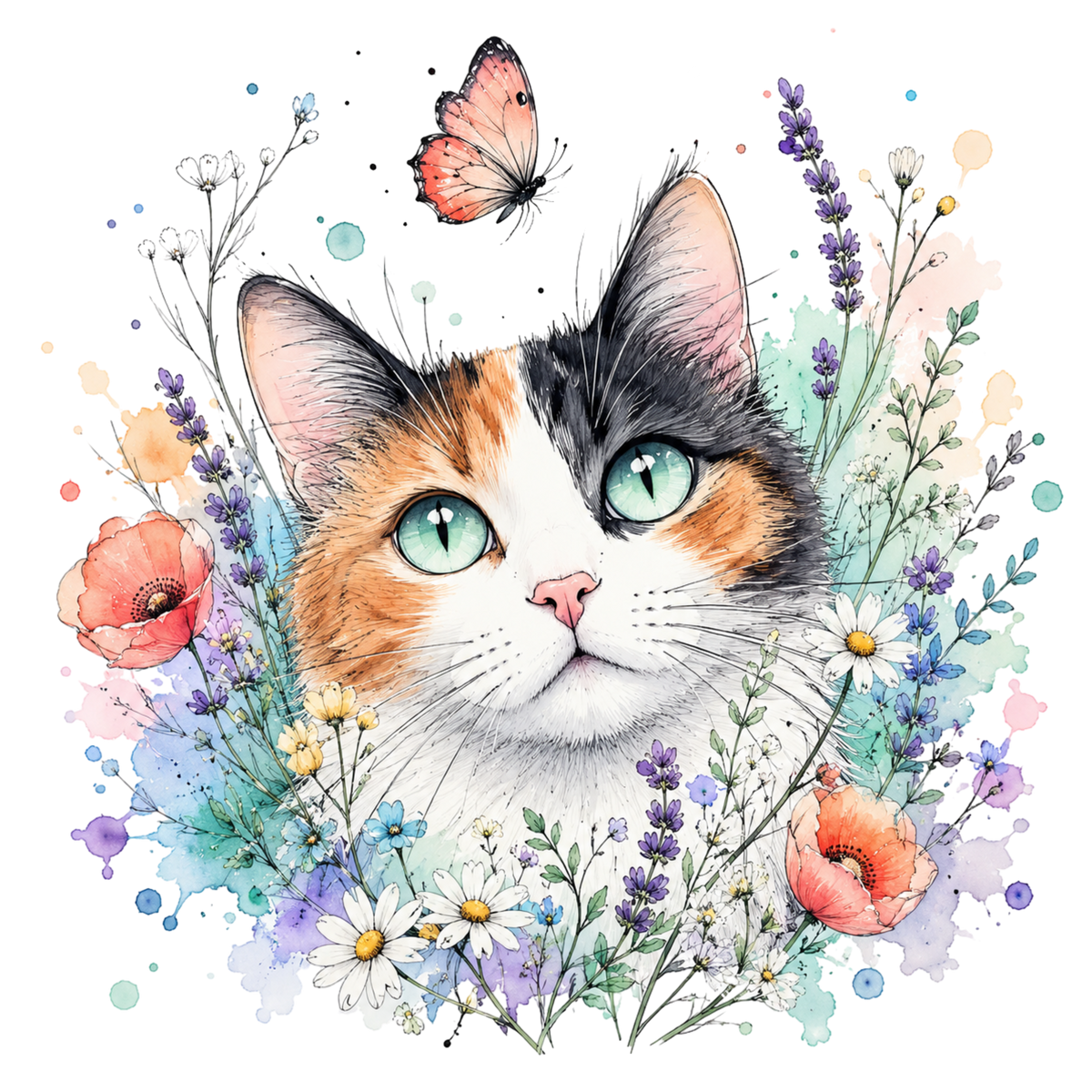 A Calico cat surrounded by flowers and a butterfly graphic design
