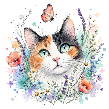A Calico cat surrounded by flowers and a butterfly graphic design