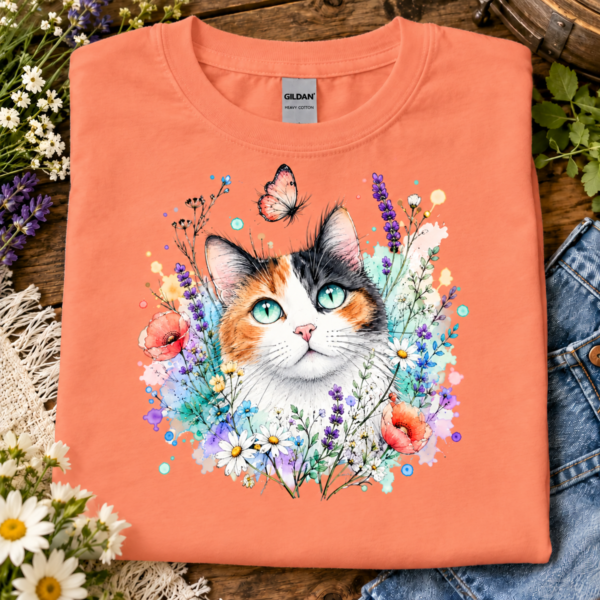 A fan texas orange colored t-shirt with a Calico cat surrounded by flowers and a butterfly graphic design