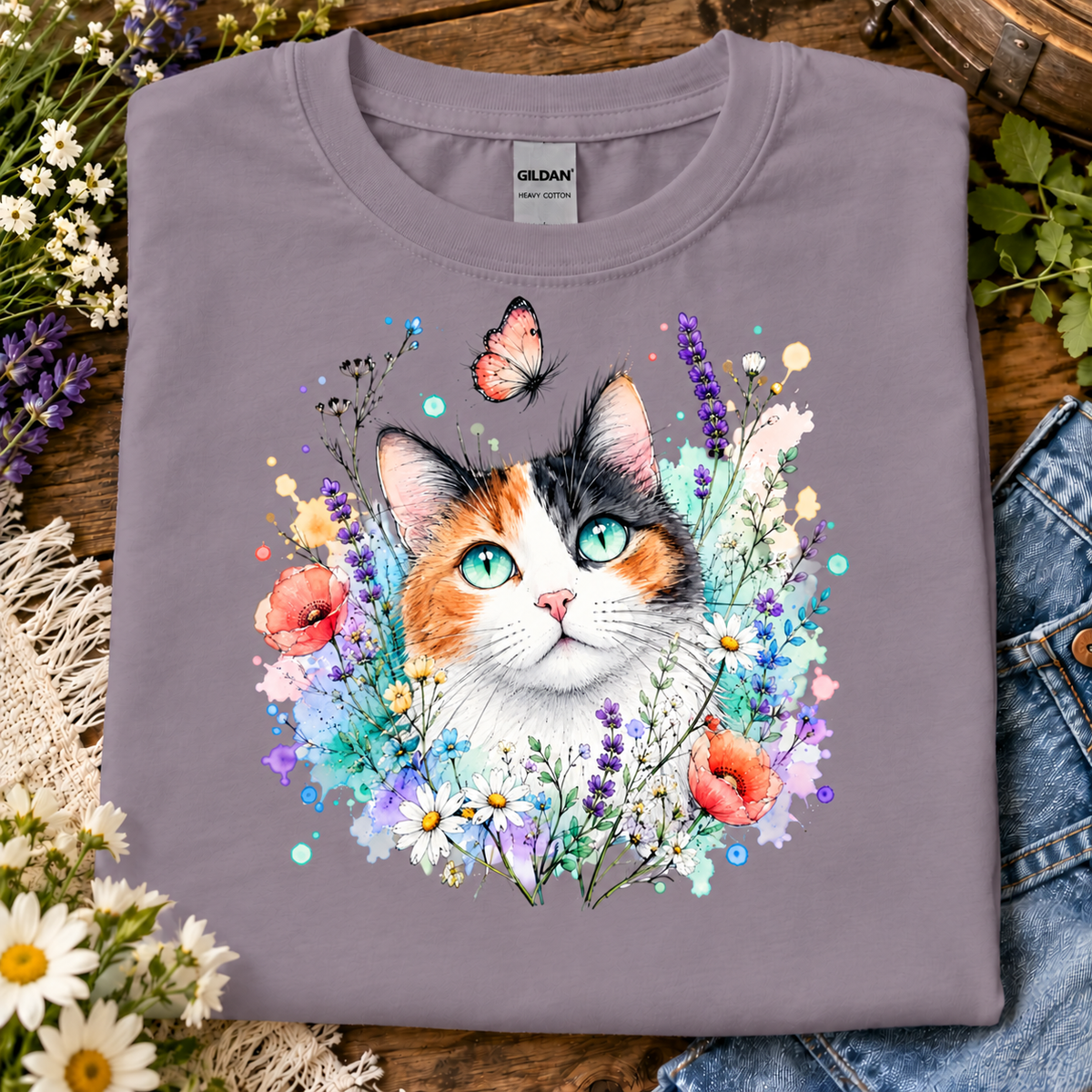A paragon colored t-shirt with a Calico cat surrounded by flowers and a butterfly graphic design