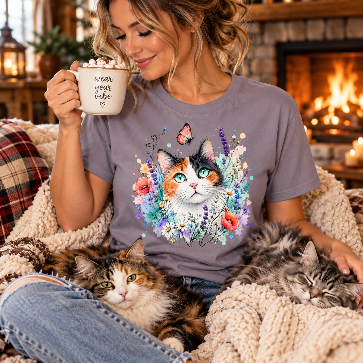 aa woman with cats wearing a paragon colored t-shirt with a Calico cat surrounded by flowers and a butterfly graphic design