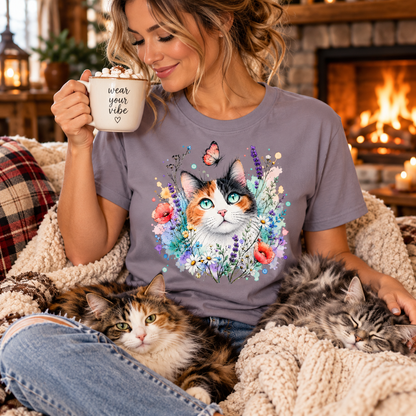 aa woman with cats wearing a paragon colored t-shirt with a Calico cat surrounded by flowers and a butterfly graphic design