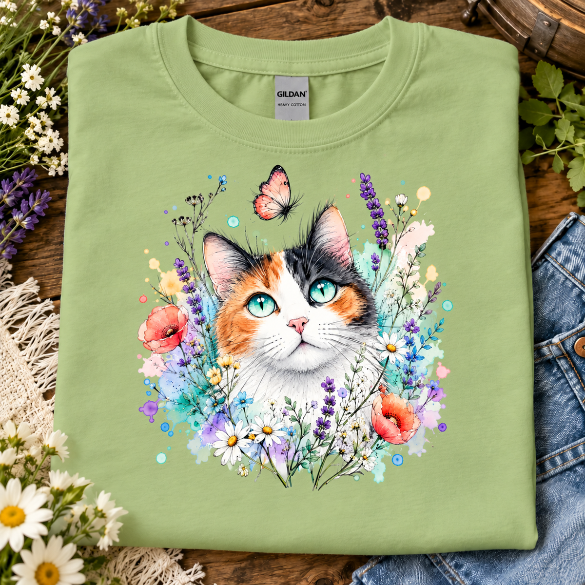 A pistachio colored t-shirt with a Calico cat surrounded by flowers and a butterfly graphic design