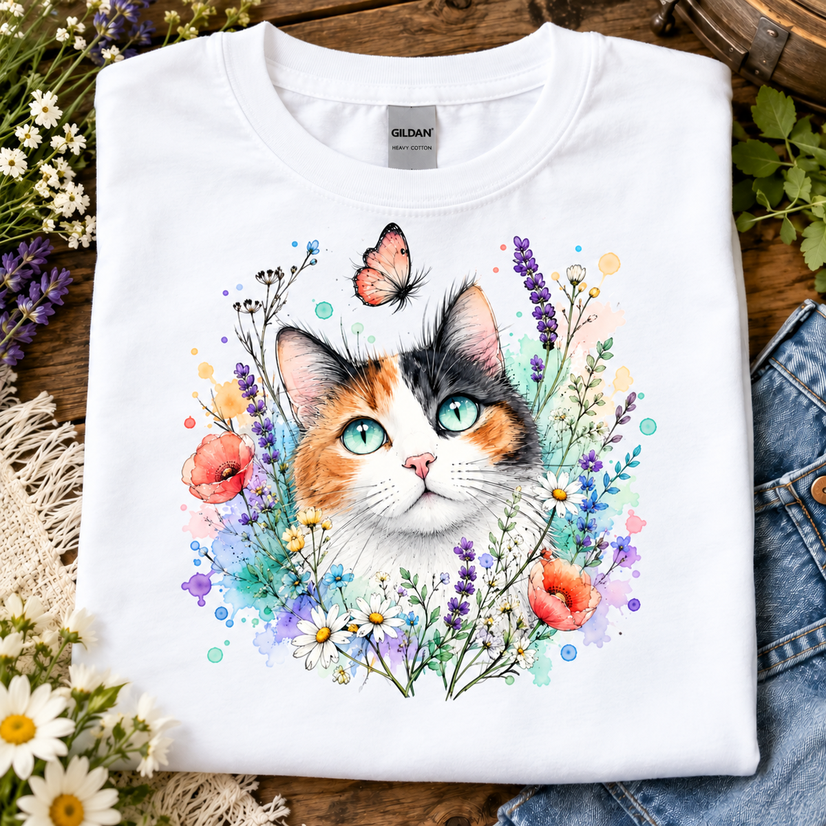 A white t-shirt with a Calico cat surrounded by flowers and a butterfly graphic design