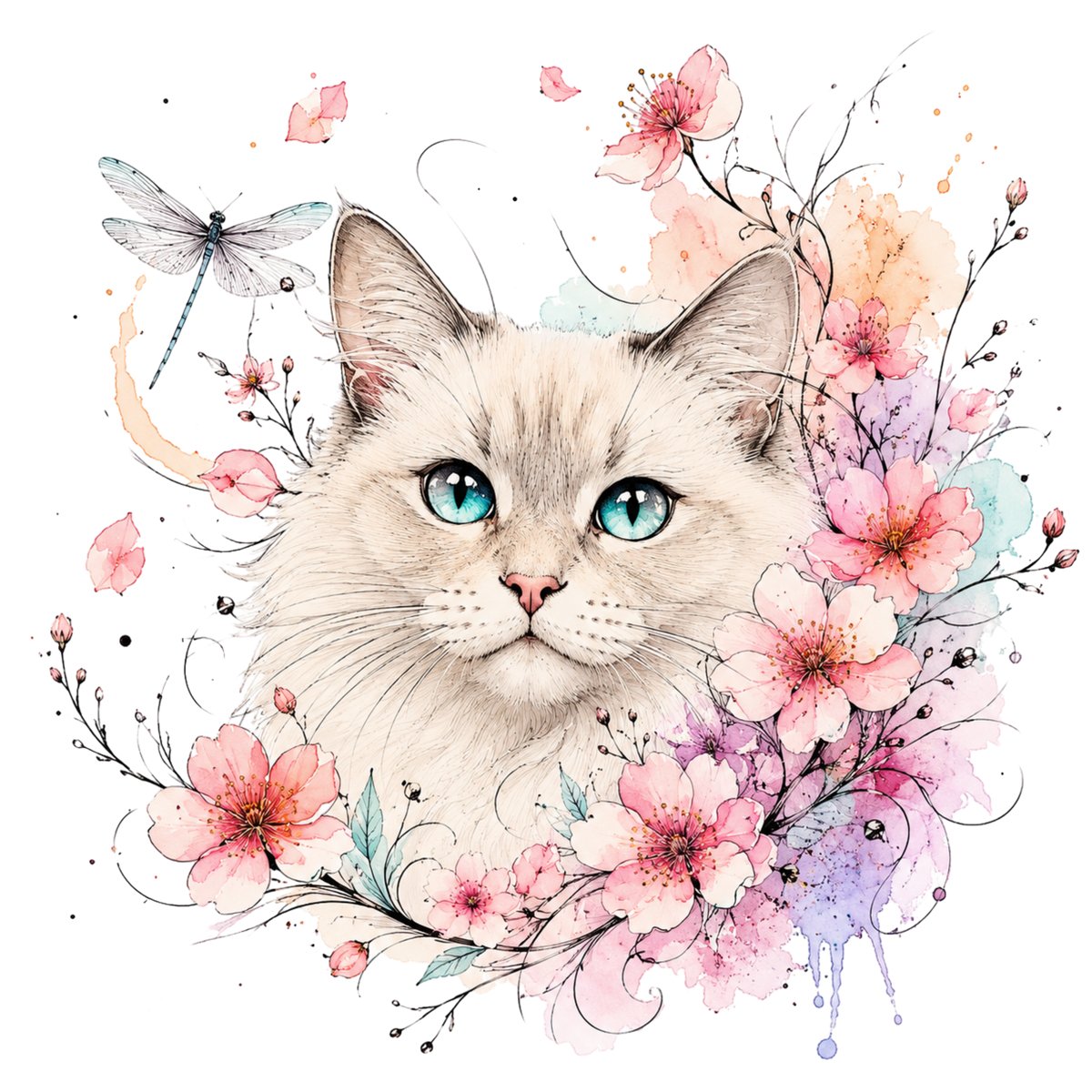 Watercolor Cream Cat and Cherry Blossom Dreams
