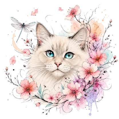 Watercolor Cream Cat and Cherry Blossom Dreams
