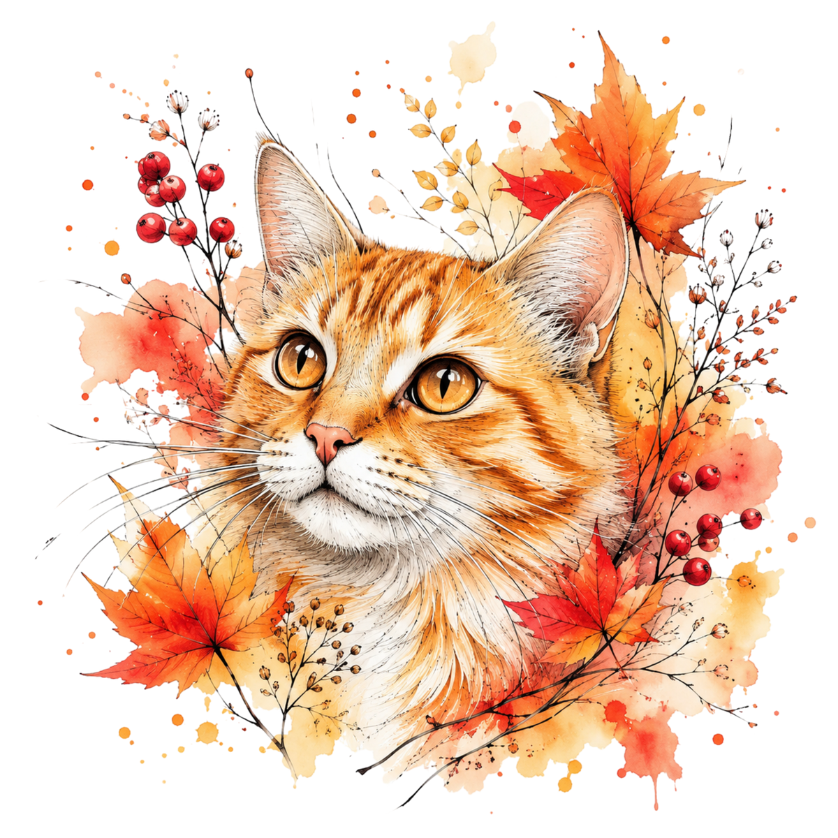 Watercolor-style illustration of an orange tabby cat surrounded by autumn leaves, berries, and warm paint splashes on a white background.
