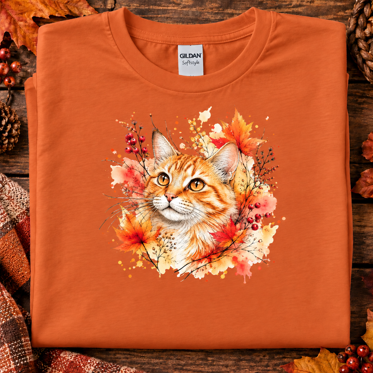 A fan texas orange colored t-shirt with Watercolor-style graphic design of an orange tabby cat surrounded by autumn leaves, berries, and warm paint splashes on a white background.
