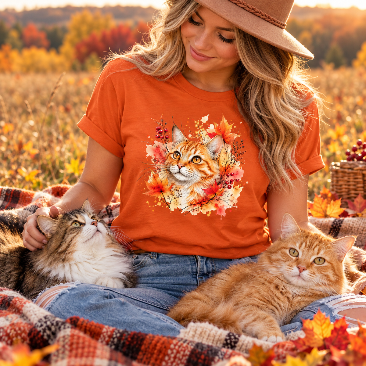 A woman wearing a fan texas orange colored tshirt with Watercolor-style graphic design of an orange tabby cat surrounded by autumn leaves, berries, and warm paint splashes on a white background.