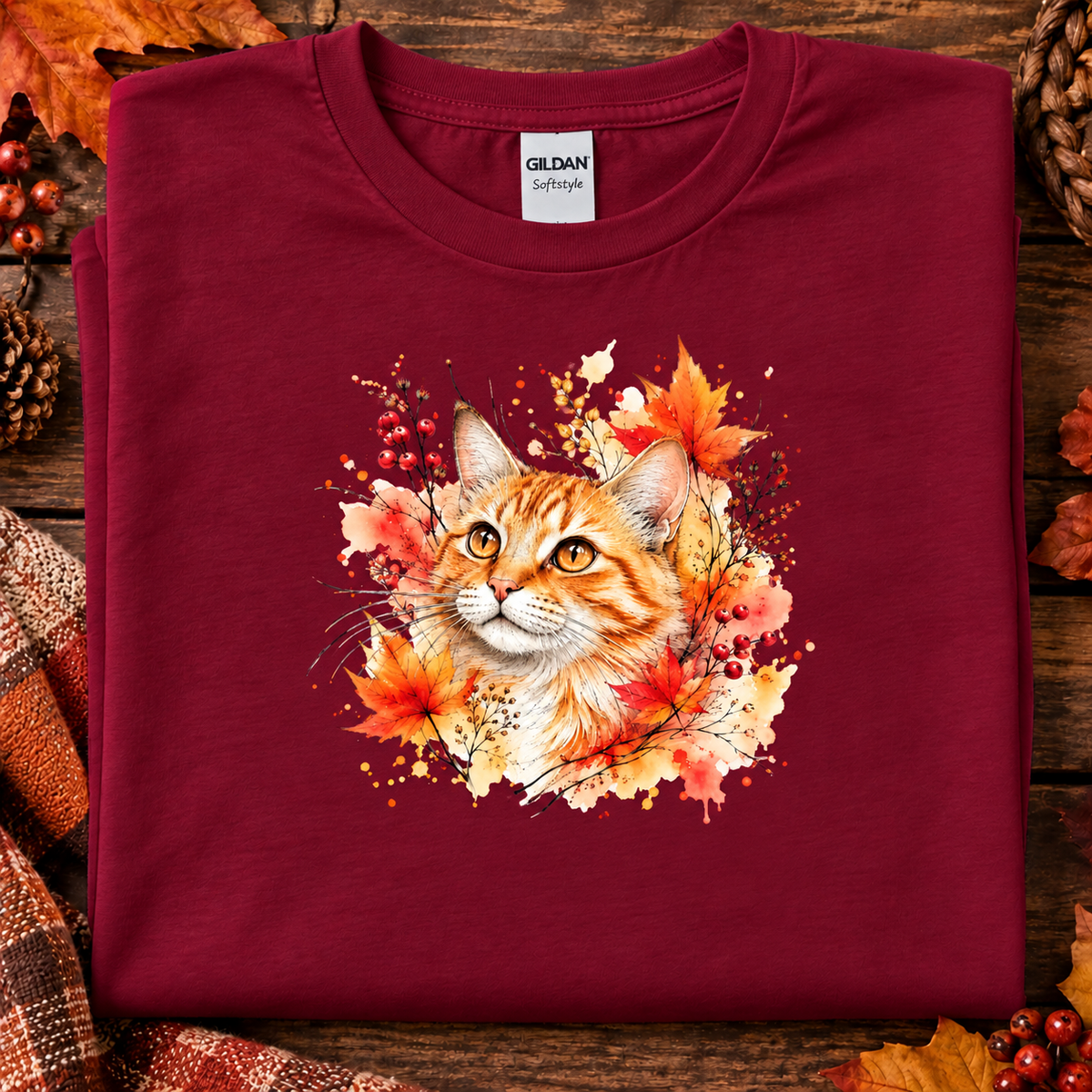 A cardinal red colored t-shirt with Watercolor-style graphic design of an orange tabby cat surrounded by autumn leaves, berries, and warm paint splashes on a white background.