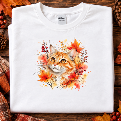 A white t-shirt with Watercolor-style graphic design of an orange tabby cat surrounded by autumn leaves, berries, and warm paint splashes on a white background.