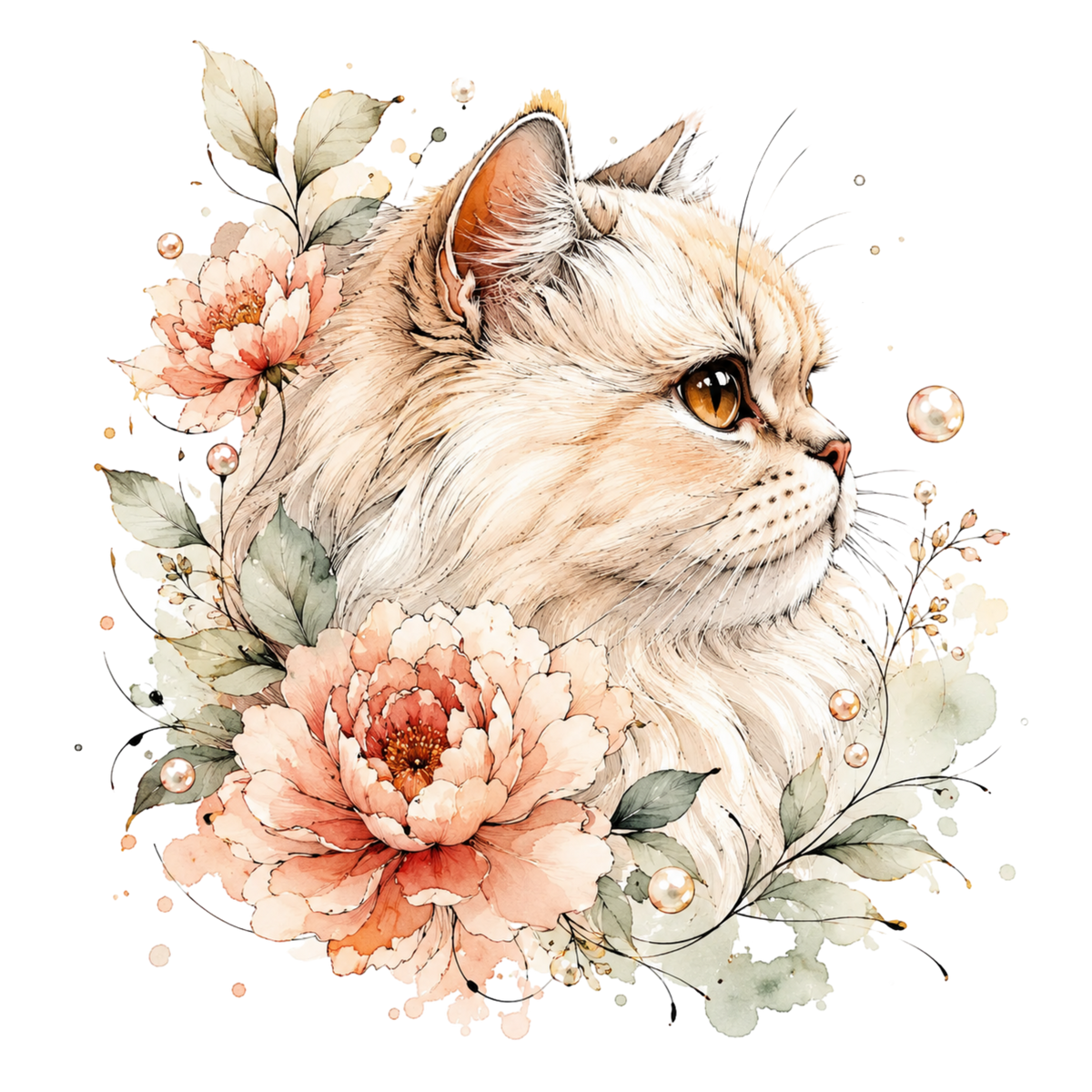 Watercolor-style graphic design of a fluffy cream-colored cat with amber eyes, surrounded by peach flowers, green leaves, and small pearl-like droplets on a white background.
