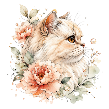 Watercolor-style graphic design of a fluffy cream-colored cat with amber eyes, surrounded by peach flowers, green leaves, and small pearl-like droplets on a white background.
