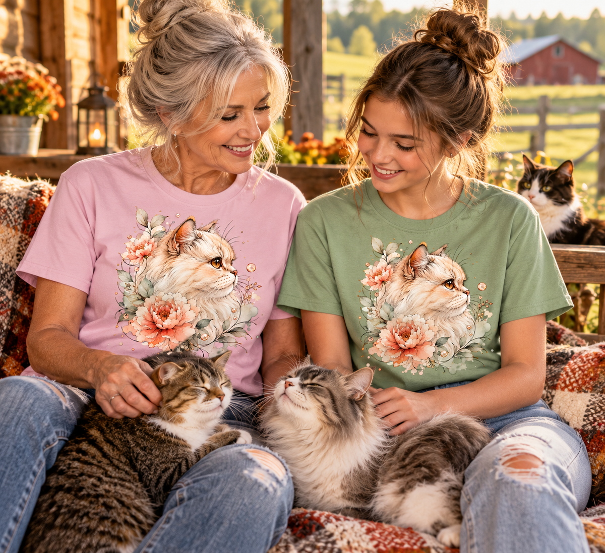 An older woman and a young girl sit together on a porch wearing matching graphic T-shirts with a floral cat print. The woman wears a light pink shirt and the girl wears a sage green shirt.