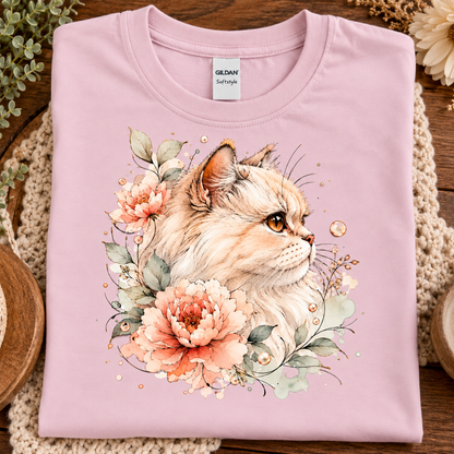 A folded light pink Gildan Softstyle t-shirt featuring a detailed watercolor-style graphic of a fluffy cream-colored cat surrounded by pink and peach flowers, displayed on a rustic wooden background with a crochet mat.