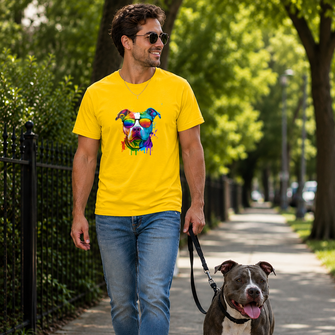 Man walking a dog on a leash in a park, wearing a yellow t-shirt with a colorful dog graphic.