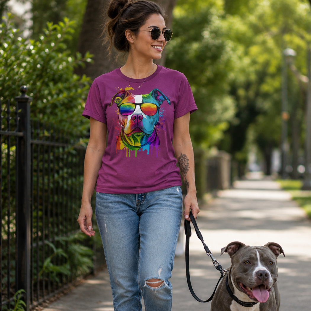 Woman walking a dog on a leash wearing a watercolor graphic design on a heather berry colored t-shirt in a park-like setting