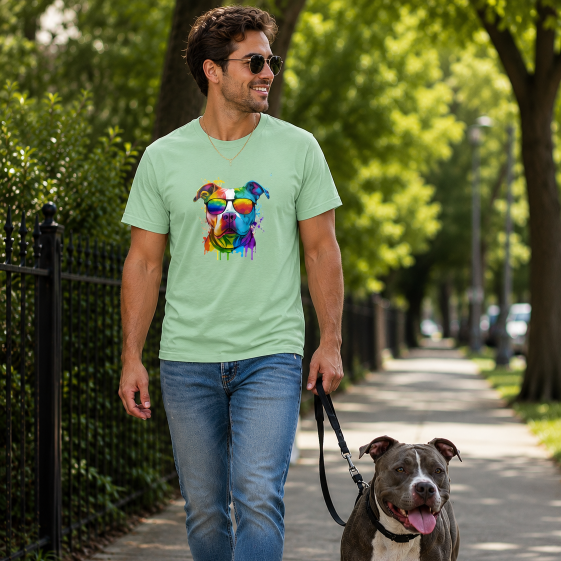 Man walking a dog on a leash in a park wearing a light green t-shirt with a colorful dog graphic.