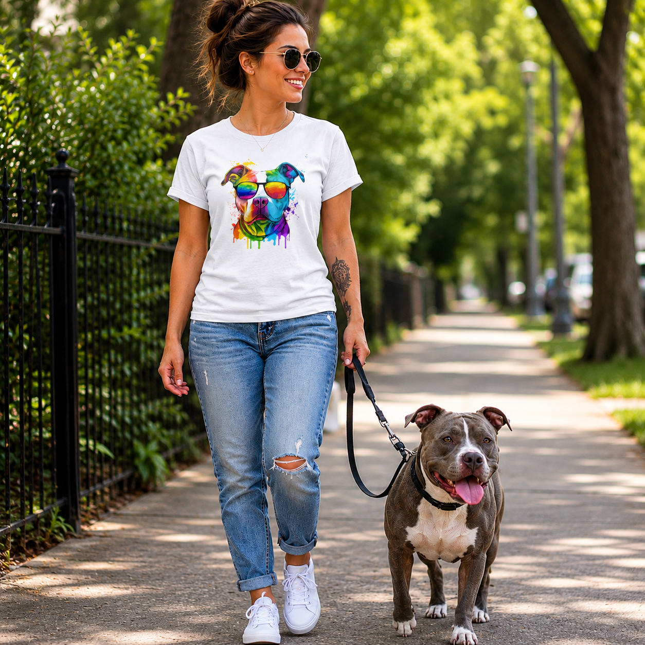 Woman walking a dog on a leash wearing a watercolor graphic design on a white t-shirt in a park-like setting