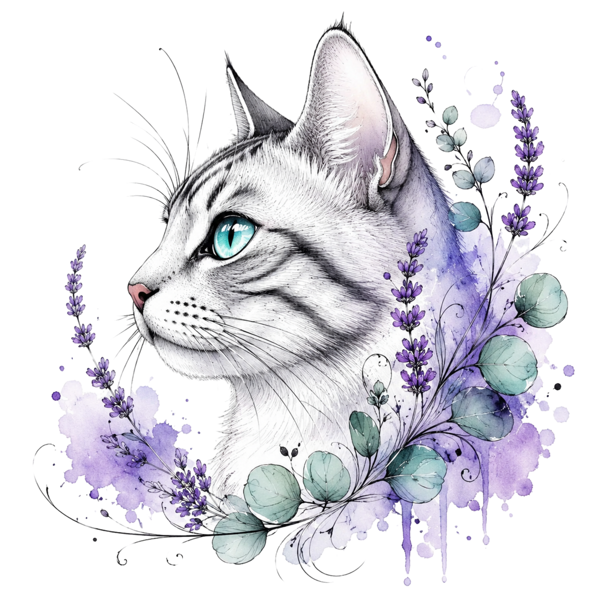 Watercolor-style illustration of a white cat in profile with bright blue-green eyes, surrounded by purple lavender sprigs, green leaves, and soft purple watercolor splashes on a white background.
