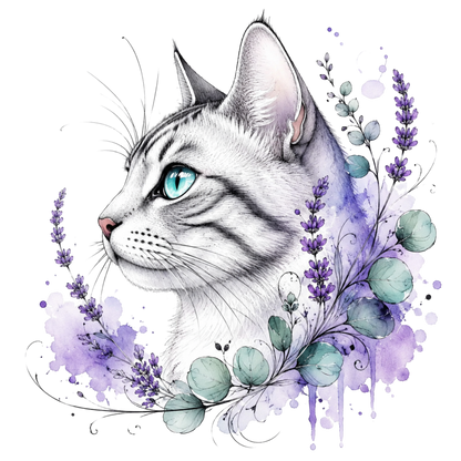 Watercolor-style illustration of a white cat in profile with bright blue-green eyes, surrounded by purple lavender sprigs, green leaves, and soft purple watercolor splashes on a white background.