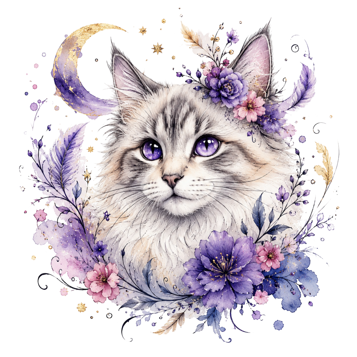 Watercolor-style graphic of a fluffy cat with large purple eyes, surrounded by purple and pink flowers, feathers, leaves, and a gold crescent moon on a white background.